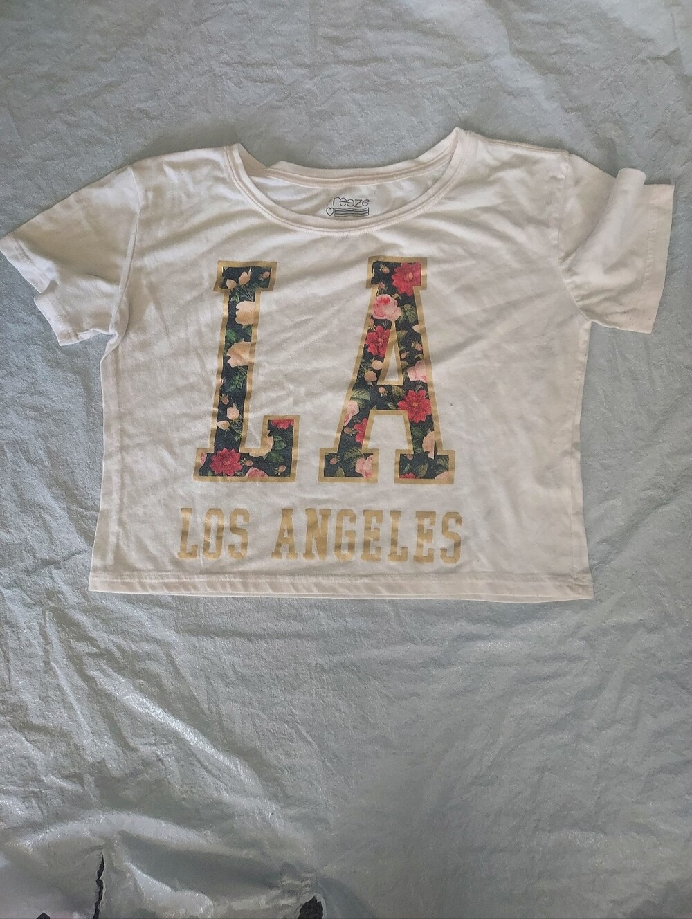 Freeze White Crop Top with Floral 'LA' and Gold 'Los Angeles' Print